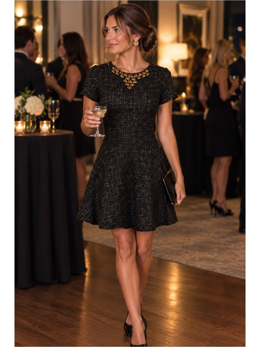 Collective Concepts Black Fit-and-Flare Dress with Gold Neck Detail